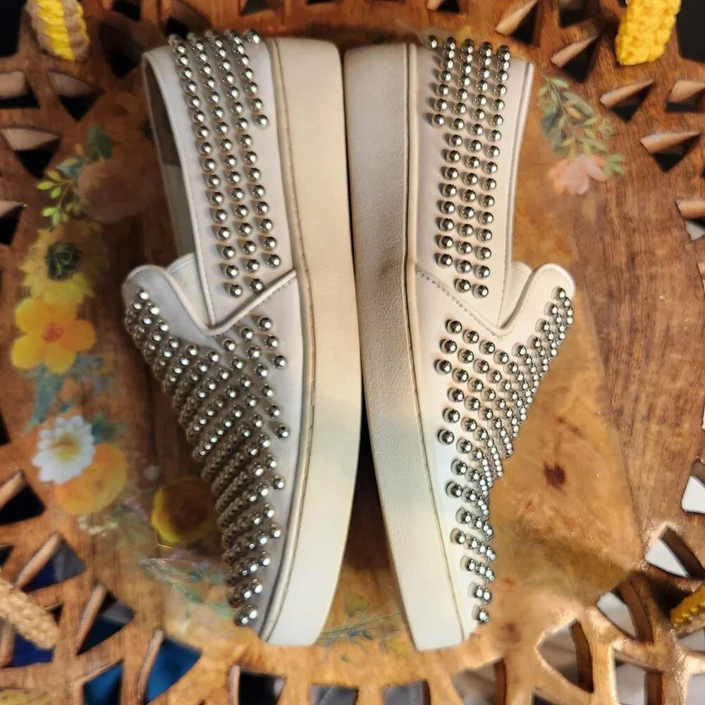 Michael Kors White Leather Slip-On Sneakers with Silver Studs